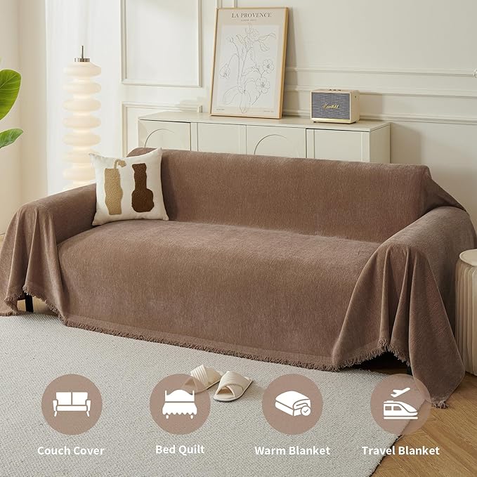Couch Cover for Dogs, Boho Sofa Covers for 3 Cushion Couch, Chenille Sofa Slipcover for Pets Washable, L-Shape Sectional Couch Loveseat Cover Soft Throw Blankets with Tassels(71x134,Coffee)