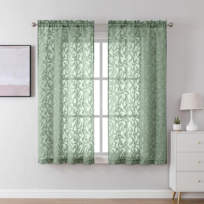 Lecloud Leia Sage Green Sheer Curtains 45 Inch Length 2 Panels, Elegant Balance Light & Privacy Jacquard Textured Leaf Voile Curtains, Dual Rod Pockets Drapes for Bedroom Living Room, 28" W x 45" L