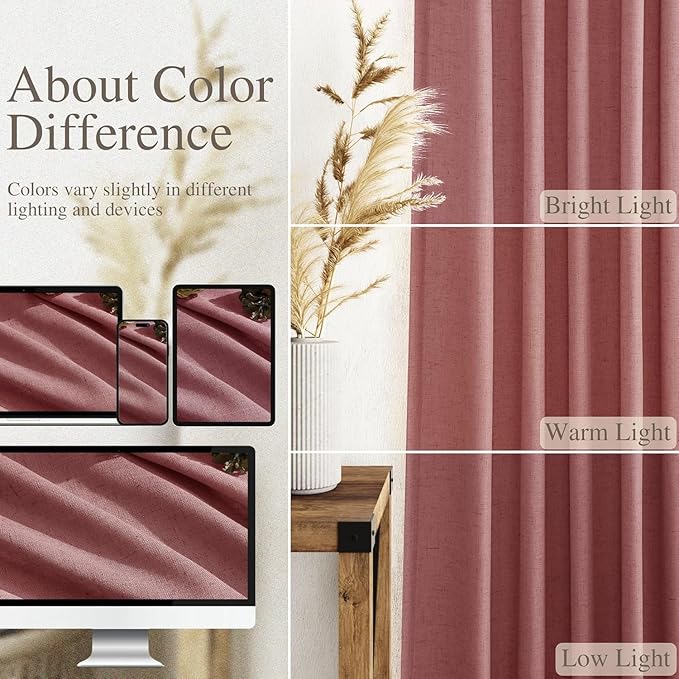 Canyon Rose Linen Curtains for Living Room 98 Inches Long Light Filtering Semi Sheer Curtain Back Tab Modern Farmhouse Decor Elegant Luxury Boho Girl Drapes for Bedroom Dinner Room 52x98, 2 Panels