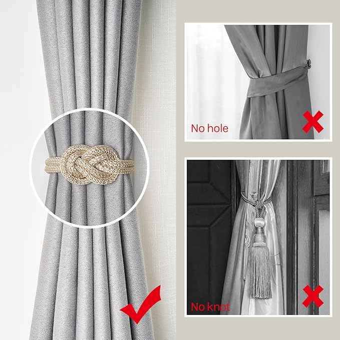 NICEEC 2 Pack Mini Magnetic Curtain Tiebacks Nordic Simple Style Drape Tie Backs Elegant Hand Weave Rope Knot Decorative Curtain Holdbacks for Home & Office Thin Window Drapery (Beige)