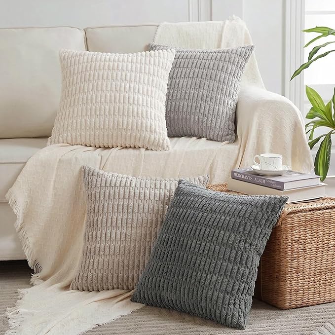Fancy Homi Set of 4 Grey and White Decorative Throw Pillow Covers 20x20 Inch for Couch Bed Chair, Modern Farmhouse Boho Room Decor, Soft Fuzzy Double Sided Corduroy Textured Striped Cushion Case 50cm