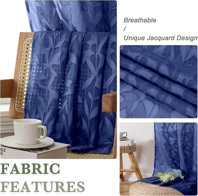 Lecloud Leia Dusty Blue Sheer Curtains 45 Inch Length 2 Panels, Balance Light & Privacy Jacquard Textured Leaf Voile Curtains for Living Room, Dual Rod Pockets Bedroom Short Drapes, 40 W x 45 L