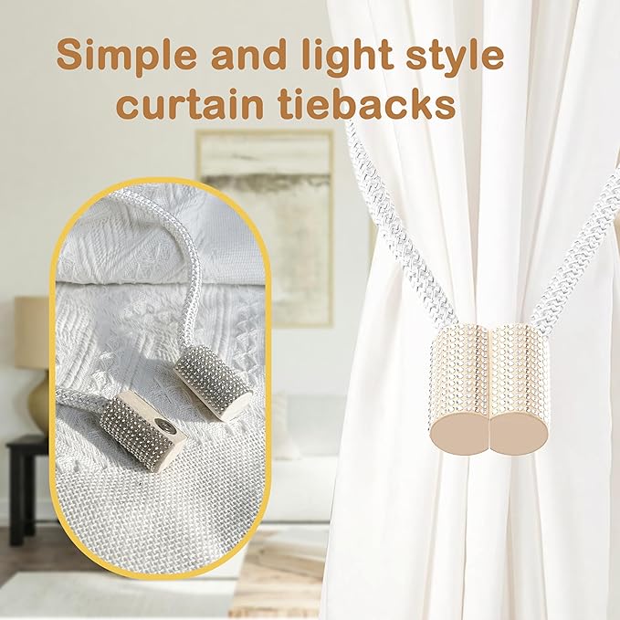 SRG Handmade Magnetic Curtain Tiebacks 4 Pack Sparkling Glass Wrapped Wooden Holdbacks with Strong Magnets, No Drilling Drapery Accessories for Home Decor – White