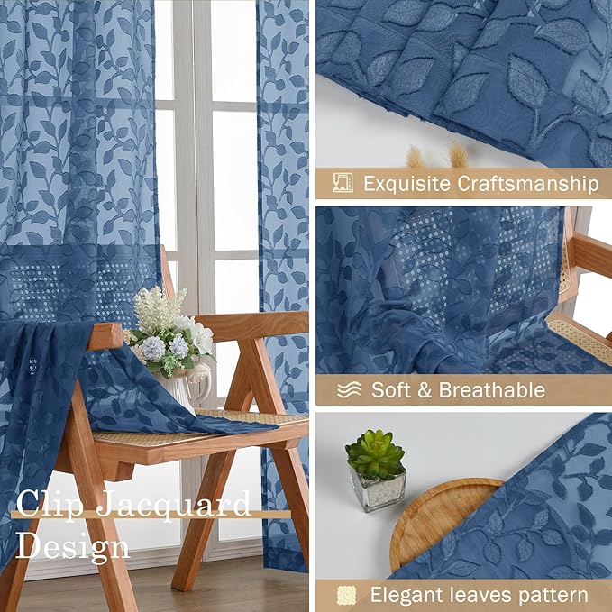 Chyhomenyc Dusty Blue Sheer Curtains 24 Inch Length, Light Filtering Leaf Tufted Textured Small Window Kitchen Curtain Over Sink, Short Half Window Curtains for Bathroom Basement, 30"Wx24"L, 2 Panels