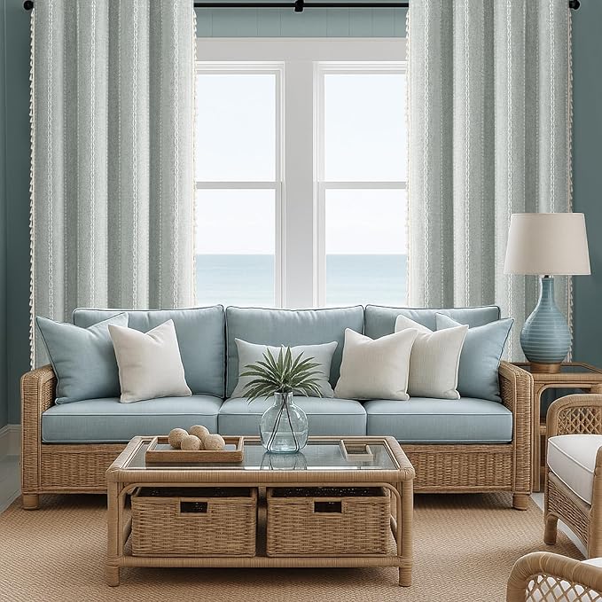 Teal Boho Blackout Curtains 2 Panels 84 Inch for Living Room Bedroom, Light Green Linen Texture Farmhouse Curtains with Tassels and White Cotton Embroidery Vintage Rustic Country Western