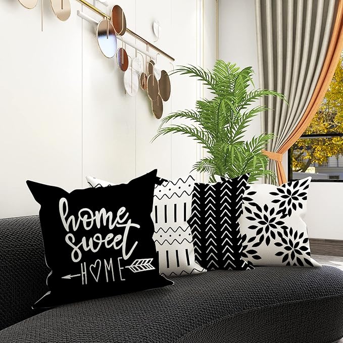 YCOLL Pillow Covers 22x22 Set of 4, Modern Sofa Throw Pillow Cover, Decorative Outdoor Linen Fabric Pillow Case for Couch Bed Car, Black