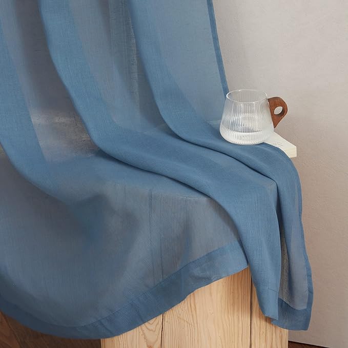 NICETOWN Flax Linen Sheer Curtains for Living Room, (Stone Blue) Grommet Vertical Drapes Semi Sheer Linen Curtains Privacy with Light Filtering for Bedroom/Farmhouse, W52 x L96, 1 Pair