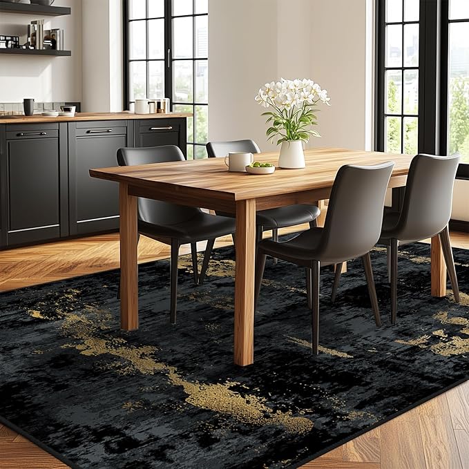 Washable Area Rugs 5'x8' Non-Slip Modern Abstract Soft for Living Room Entryway Bedroom Nursery, Print Pattern, Dark Black Gold