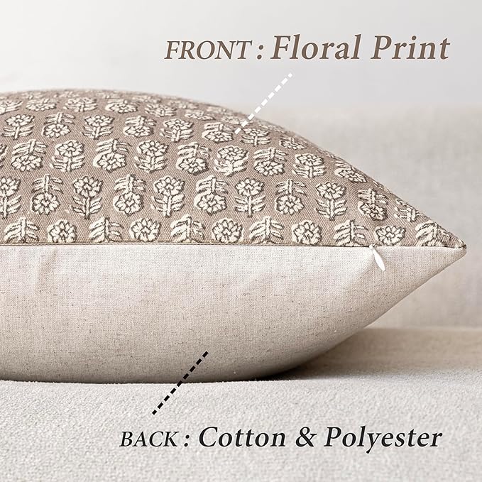 Foindtower Set of 2 Decorative Neutral Floral Print Throw Pillow Covers Vintage Accent Farmhouse Cushion Covers Boho Home Decor for Sofa Couch Chair Bedroom Living Room,20×20 Inch,Tan Taupe