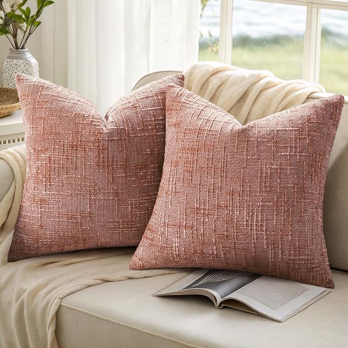decorUhome Summer Pink Chenille Throw Pillow Covers 18x18 Set of 2 Textured Soft Cozy Slubby Couch Pillow Covers Modern Farmhouse Boho Decorative Pillow Cases for Bed Sofa Living Room