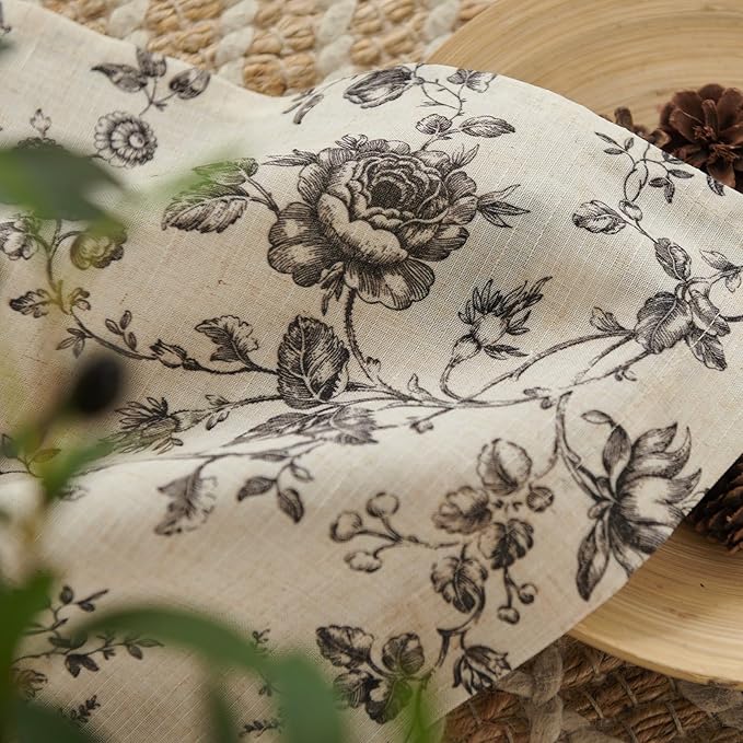 jinchan Amlie Floral Linen Valance Curtain Farmhouse Kitchen Valance for Living Room Laundry Light Filtering Double Layer Cottagecore Window Treatment Rod Pocket 1 Panel 16 Inch Charcoal on Linen