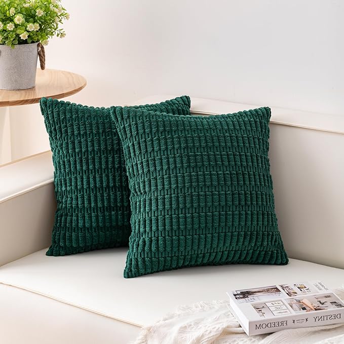 Pack of 2 Corduroy Decorative Throw Pillow Covers 16x16 Inch Soft Striped Pillow Covers Modern Farmhouse Home Decor for Sofa Living Room Couch Bed（Blackish Green）