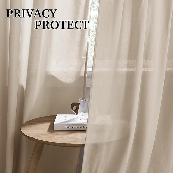 RYB HOME Linen Sheer Curtains 90 inches Long 2 Panels Set,Natural Lightweight Light Filtering Half Privacy Gauze Curtains Cortina for Living Room Bedroom, W 52 x L 90, Taupe