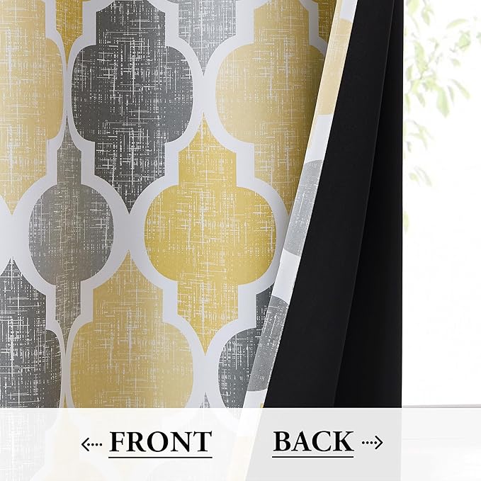 Beauoop 100% Blackout Curtains 63 Inches Long 2 Panels for Bedroom Living Room Yellow Grey Moroccan Geo Room Darkening Thermal Insulated Soundproof Rod Pocket Back Tab Window Treatments Drapes, 50x63