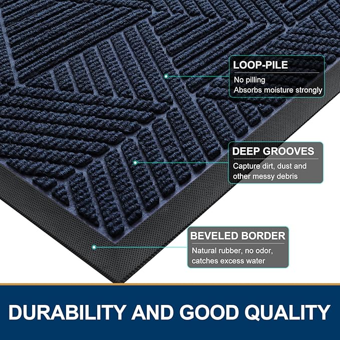 Smiry Half Circle Front Door Mat Outside Entrance, Heavy Duty Sturdy Natural Rubber Doormat, Trap Dirt and Moisture, Low Profile Mats for Indoor Outdoor Entry, Irregular Triangle (47x32, Navy Blue)