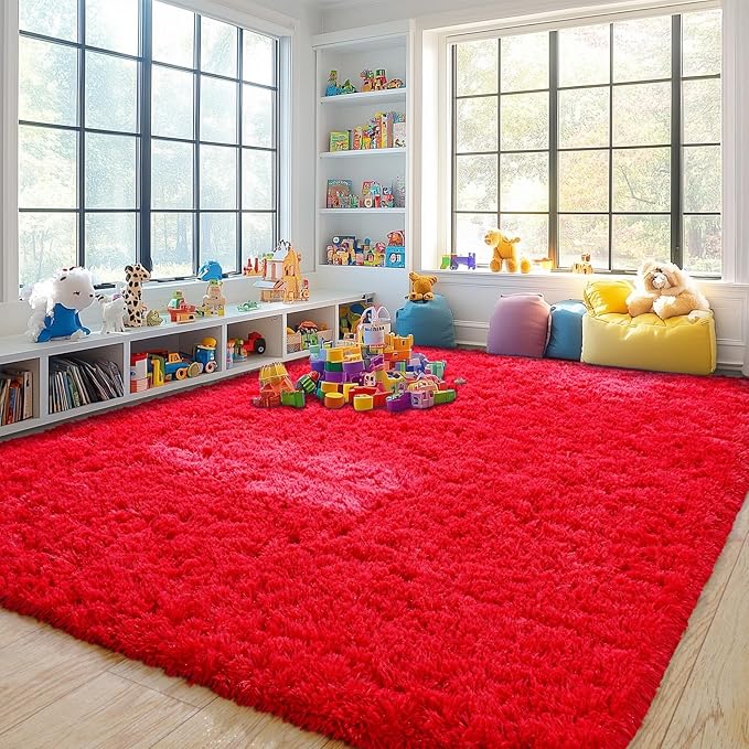 Pionblank 9x12 Area Rug for Living Room, Shag Large Rug for Bedroom, Soft Furry Non Slip Carpet for Kids Room Nursery Teens Dorm Home Decor, Red