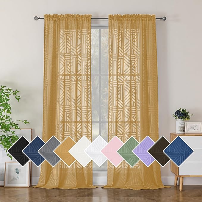 Simplebrand Gold Semi Sheer Curtains 96 Inches Long 2 Panels, Light Filtering Geometric Jacquard Clip Textured Sheer Curtains for Living Room，Modern Elegant Window Curtains Drapes，42x96 inch