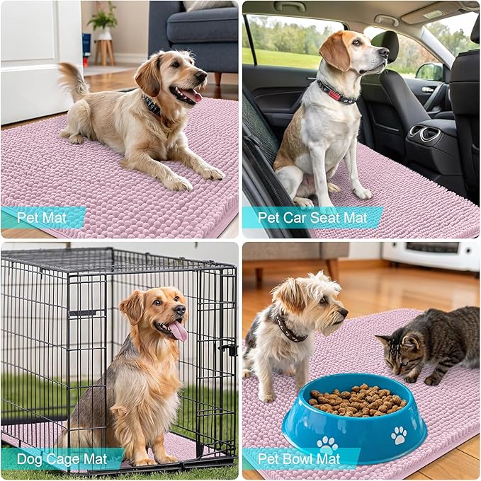 OLANLY Dog Door Mat for Muddy Paws 30x17, Absorbs Moisture and Dirt, Absorbent Non-Slip Washable Doormat, Quick Dry Chenille Mud Mat for Dogs, Entry Indoor Entryway Carpet for Inside Floor, Dusty Rose