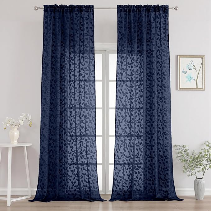 Chyhomenyc Extra Long Navy Blue Sheer Curtains 108 Inch Length 2 Panels Set, Light Filtering Tufted Textured Soft Airy Rod Pocket Gentle Leaf Window Treatment Drapes for Living Room, 52"Wx108"L, 2PCS