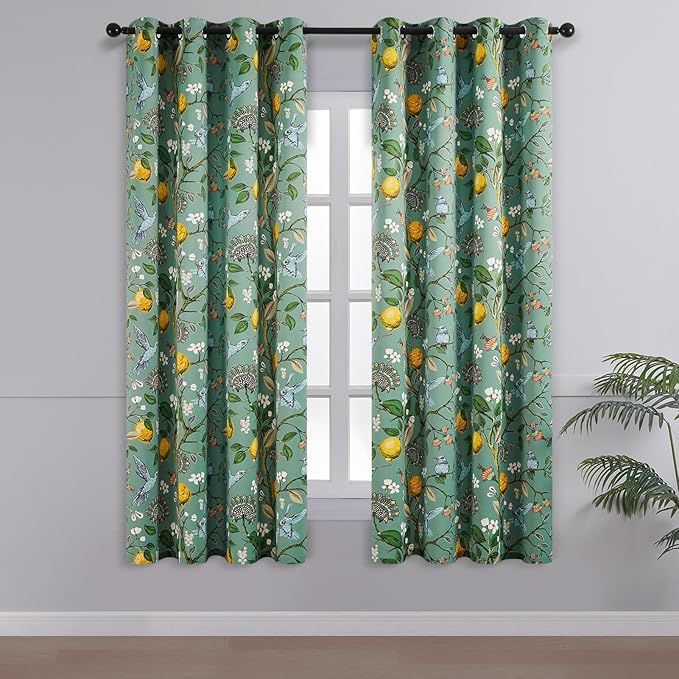 Topfinel 48 Inches Long Short Sage Green Blackout Curtains for Cafe Kitchen, Grommet Room Darkening Luxury Floral Lemon Hummingbird Patterned Waverly Colorful Drapes for Living Room Bedroom