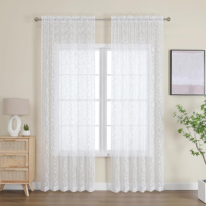 OWENIE Furman Sheer White Curtains 90 inches Long for Bedroom Living Room 2 Panels Set, Light Filtering Soft Semi Sheer Jacquard Clip Farmhouse Curtains Rod Pocket Design, Each 52Wx90L inch