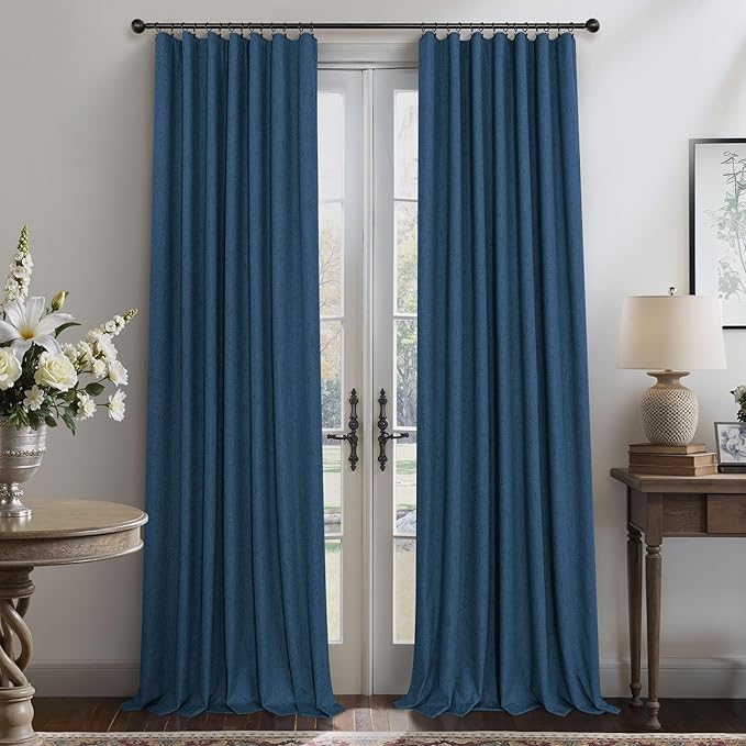 Navy Blue Linen Textured Curtains 90 Inches Long 2 Panels Set Modern Neutral Nursery Blackout Curtains for Kids Bedroom Black Out Thermal Drapes for Summer Heat Noise Reducing Back Tab 52x90 Length