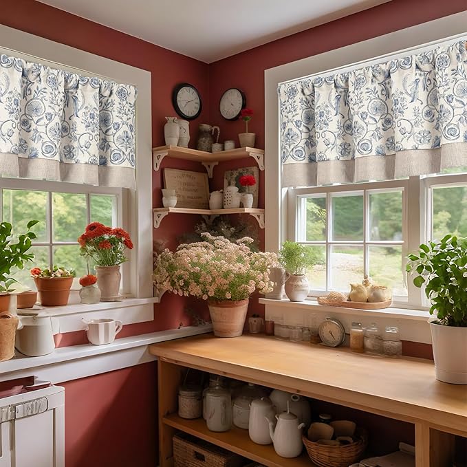 jinchan Linen Valance Kitchen Curtain for Windows Double Layer 18 Inch for Living Room Bedroom Window Treatment Light Filtering Vintage Rustic Farmhouse Cottagecore Rod Pocket 1 Panel Blue on Beige