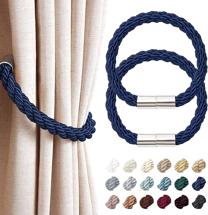 NICEEC 2 Pack Strong Magnetic Curtain Tiebacks Modern Simple Style Drape Tie Backs Convenient Decorative Weave Rope Curtain Holdbacks for Thin or Thick Home & Office Window Draperies (Royal Blue)