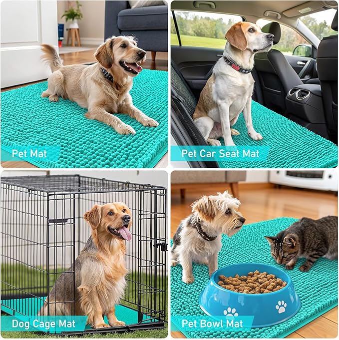 OLANLY Dog Door Mat for Muddy Paws 30x17, Absorbs Moisture and Dirt, Absorbent Non-Slip Washable Doormat, Quick Dry Chenille Mud Mat for Dogs, Entry Indoor Entryway Carpet for Inside Floor, Teal