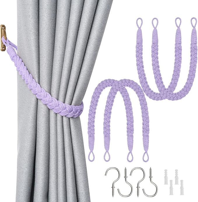 NICEEC 4 Pack Natural Cotton Rope Curtain Tiebacks Elegant Boho Style Decorative Drape Tie Backs Soft Hand-Woven Rope Curtain Holdbacks with Metal Hook for Home & Office Drapery (Purple)