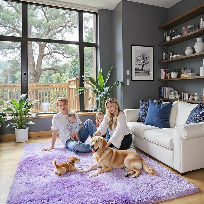Super Soft Shaggy Area Rugs for Bedroom 4x6 Feet, Shaggy Plush Living Room Shag Furry Floor Rugs, Non-Shedding Indoor Rugs for Living Room Decor(4 x 6, Purple Starry)