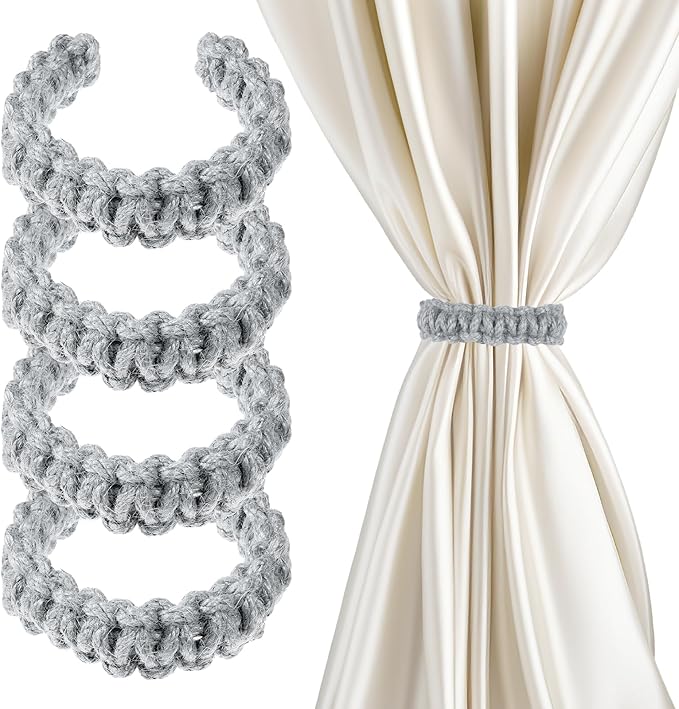Ptwola 4 Pack Braided Curtain Tiebacks Boho Elegant Rustic Curtain Holdbacks Tie Backs Holders Set Simple Light Weight Drapes Decorative Accessories Handmade for Home Office Bedroom Window (4, Grey)