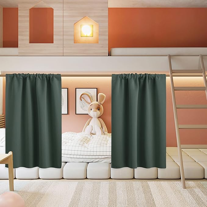 RYB HOME Basement Bathroom Kitchen Cafe Blackout Privacy Curtains, Short Insulating Light UV Heat Blocking Privacy Curtain Tiers for Laundry Room, Width 34 by Length 30, Dark Green, 2 Panels