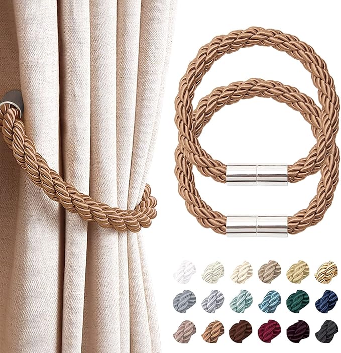 NICEEC 2 Pack Strong Magnetic Curtain Tiebacks Modern Simple Style Drape Tie Backs Convenient Decorative Weave Rope Curtain Holdbacks for Thin or Thick Home & Office Window Draperies (Light Coffee)