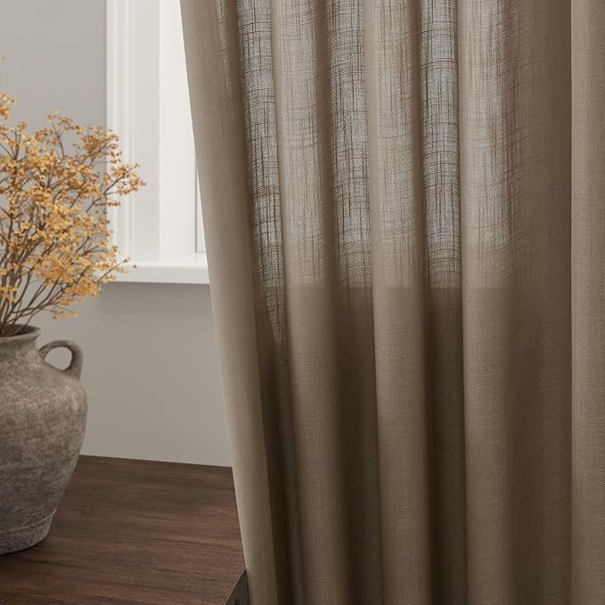 Nanspring Dark Taupe Linen Sheer Curtains 54 Inch Length 2 Panel Set Back Tab Rod Pocket Semi Sheer Light Filtering Short Curtain Soft Elegant Aesthetic Small Window Drapes for Bathroom 52x54