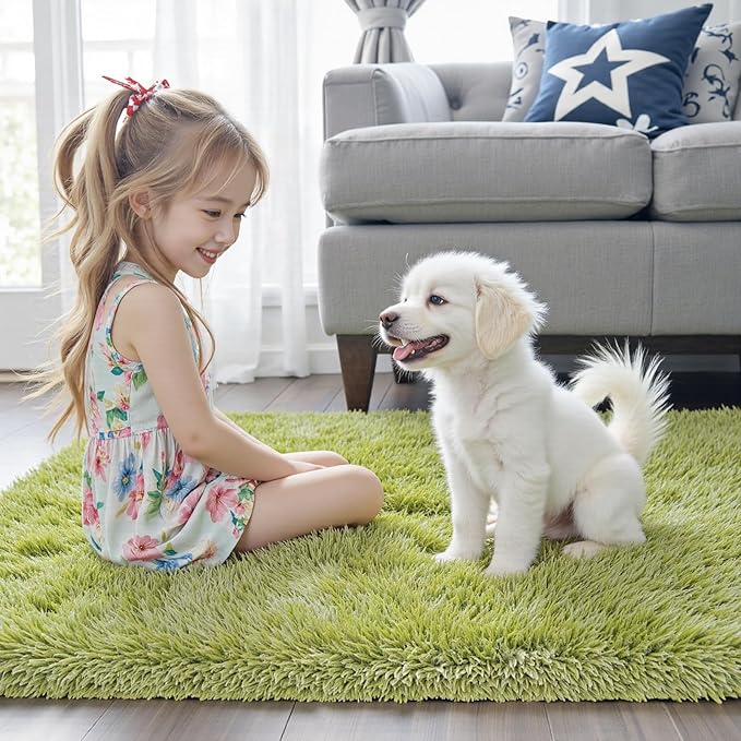 Green Grass Area Rugs for Bedroom, 4x6 Shag Fluffy Carpet, Fuzzy Furry Plush Soft Cute Kids Baby Girls Shaggy Bedside Indoor Floor Rug for Teen Dorm Home Decor Aesthetic, Nursery(4 x 6, Grass Green)
