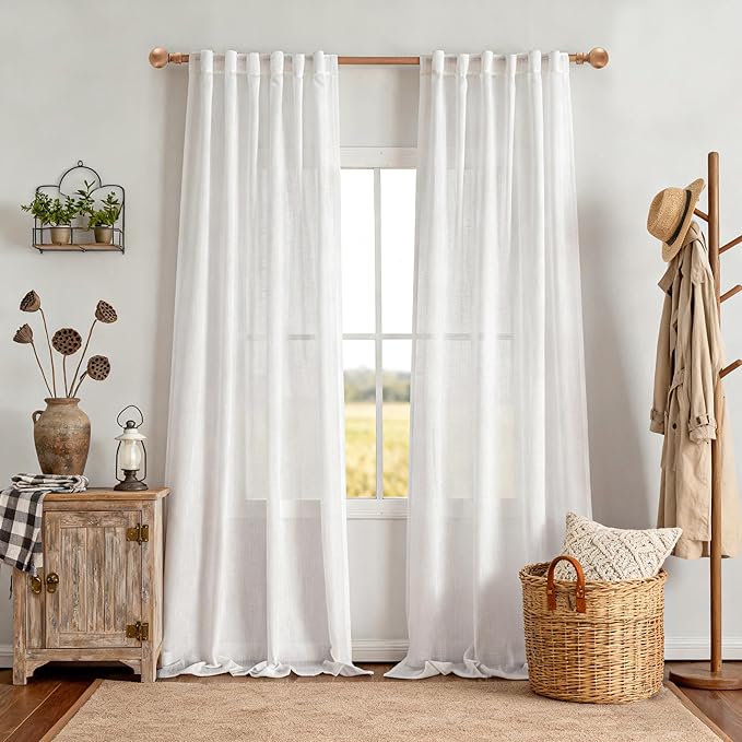 MYSKY HOME White Curtains 95 Inches Long for Sliding Glass Door Semi Sheer Drapes Light Filtering Window Treatments Soft Cotton Blend Panels Linen Look Farmhouse Style, 50" x 95", 2 Panels