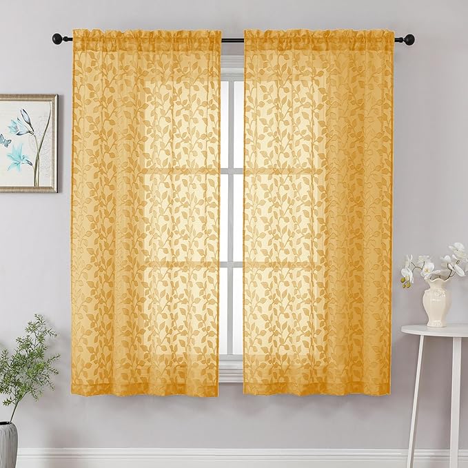 Chyhomenyc Gold Sheer Curtains 63 Inch Length 2 Panels Set, Light Filtering Tufted Textured Soft Airy Rod Pocket Beautiful Leaf Window Treatment Drapes for Bedroom Living Room, 42" Wx63 L, 2PCS