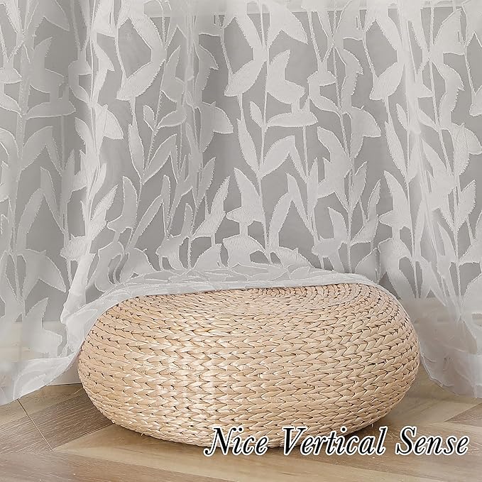 Lecloud Leia Clip Textured Leaf Ivory Sheer Curtain 63 Inch Length 2 Panels, Light Filtering Jacquard Voile Curtain with Dual Rod Pockets, Kitchen/Bedroom Window Drapes, 40 W x 63 L