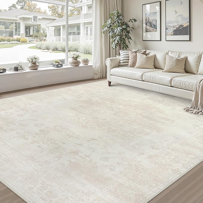 Area Rugs 9x12 Living Room: Vintage Boho Neutral Washable Rug Indoor Soft Large Area Rug Carpet for Bedroom Nursery Farmhouse Dining Room Office Floor Non-Slip Low Pile Under Table Rug Cream Beige