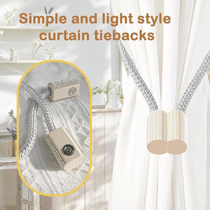 SRG Handmade Magnetic Curtain Tiebacks 2 Pack Sparkling Glass Wrapped Wooden Holdbacks with Strong Magnets, No Drilling Drapery Accessories for Home Decor – Gray