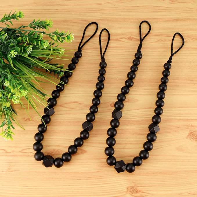 Wood Bead Curtain Tiebacks, KLOGTSIND Set of 4 Curtain Holdbacks for Thin or Thick Window Draperies, Boho Farmhouse Curtain Tiebacks with Hooks, Curtain Tie Backs for Home Office Room Decor