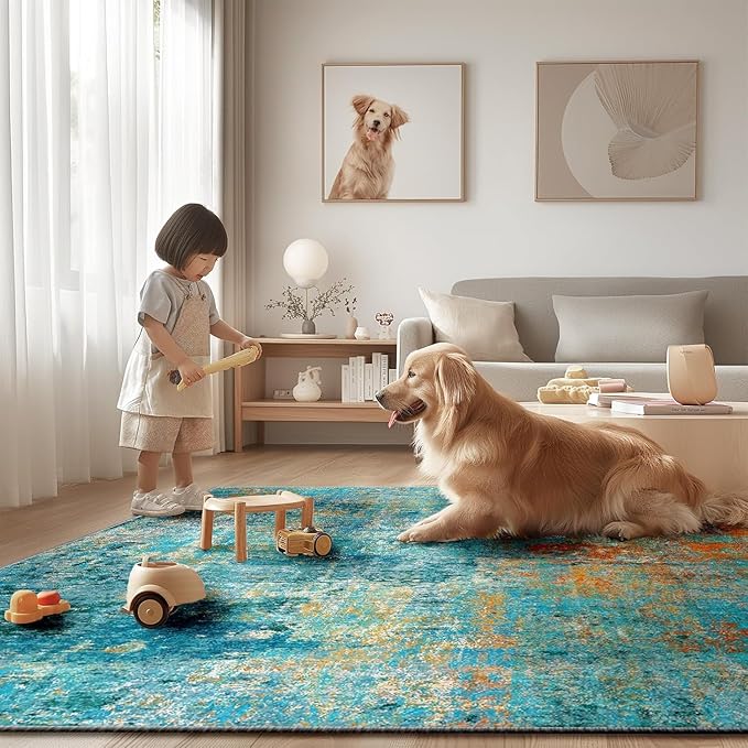 Washable Area Rugs 2'x8' Non-Slip Modern Abstract Soft for Living Room Entryway Bedroom Nursery, Print Pattern, Teal Blue Green Orange Rust Red Coloreful