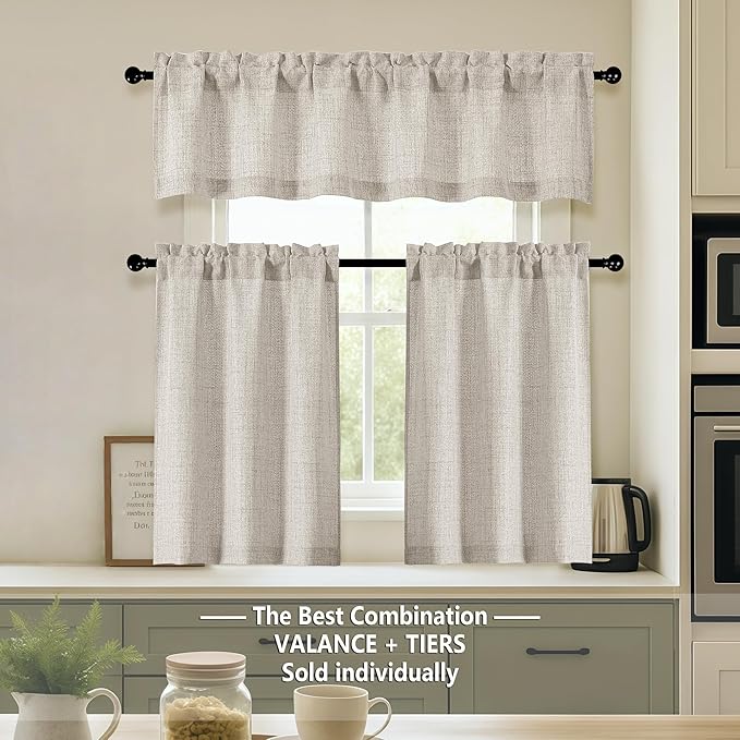 OVZME Valance for Windows, Light Filtering Faux Linen Textured Small Kitchen Valances for Windows, Dual Rod Pocket Farmhouse Short Curtain for Bathroom Basement, 60Wx22L inch, 1 Piece, Linen Color