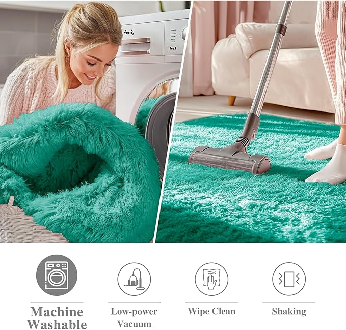 OLANLY Teal Green Round Rugs for Bedroom - Machine Washable, 4 ft Circle Area Rugs for Living Room, Soft and Fluffy Shaggy Carpet for Teen Girl and Boys, Nursery Rooms, Dorms, Home Decor Aesthetic