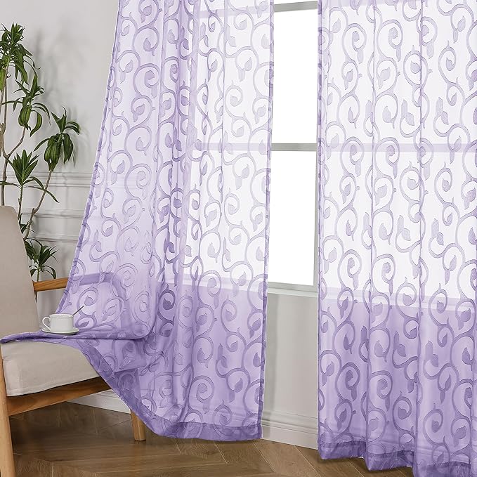 OWENIE Furman Extra Long Sheer Curtains 96 inches Long for Bedroom Living Room 2 Panels Set, Light Filtering Soft Solid Light Purple Semi Sheer Farmhouse Rod Pocket Drapes, Lavender, 40Wx96L inch