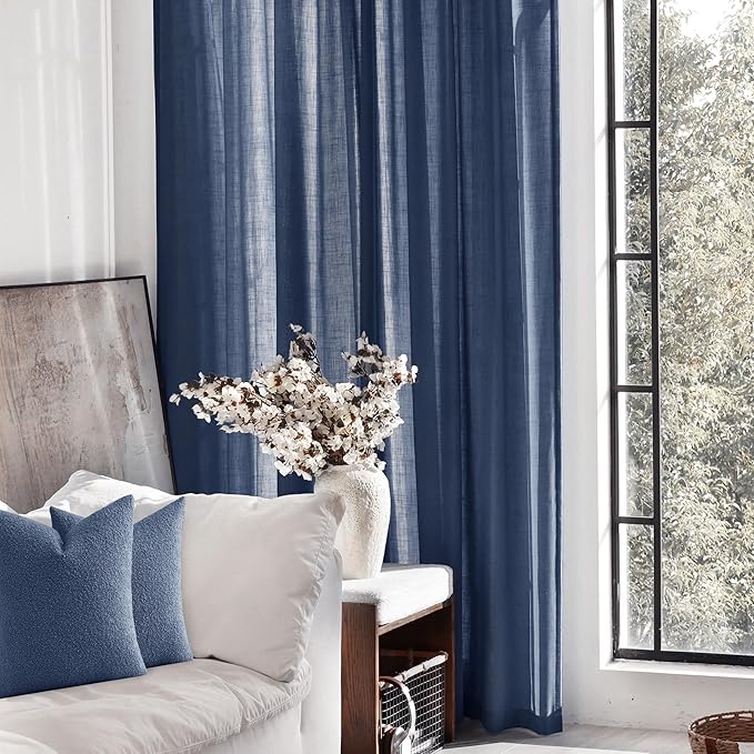 Navy Blue Curtains 84 inch Length for Bedroom Back Tab Light Filtering Semi Sheer Blue Living Room Curtains Linen Cotton Textured Indigo Blue Drapery Panel Modern Aesthetic Decor 42" Wx84 L