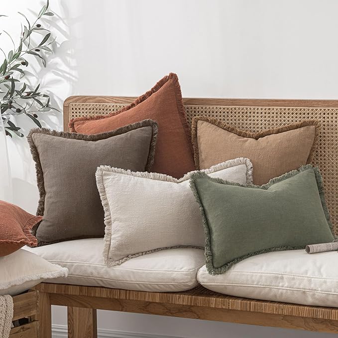 MIULEE Decorative Throw Pillow Covers Neutral Linen Fringe Throw Pillows Euro Shams Set of 2 Natural Coffee Boho Farmhouse Cushion Covers for Couch Sofa Bed Living Room Spring Home Decor 26x26 Inch