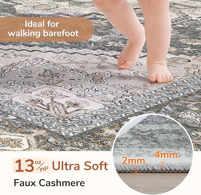 OPPODREAM Soft 8x10 Area Rugs, Washable Rugs 8x10 with Non Slip Backing, Faux Cashmere Low-Pile 8 x 10 Carpet, Greenish Grey