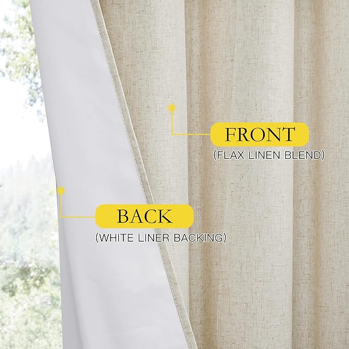 NICETOWN Natural Linen Curtains 45" Long with Noise Reducing for Small Window, 42" Wide, 2 PCs, Complete Blackout Drapes, Thermal Insulated & Noise Reducing Window Draperies with White Liner